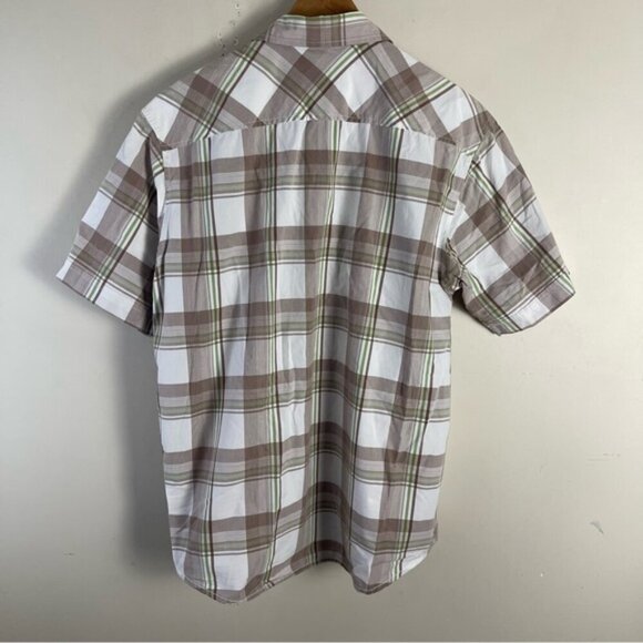 Timberland Mens short sleeve plaid tan green cotton snap closure button down top - Picture 2 of 10